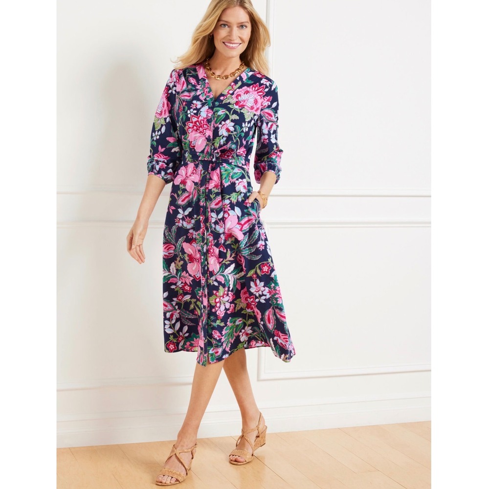 Talbots Poplin Puff Sleeve Shirtdress Navy Pink Floral Midi Pockets Sz 6 No belt